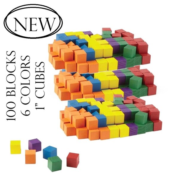 NEW 100 wood color Blocks 1" 6 colors math manipulatives cubes sorting patterns - Picture 6 of 11